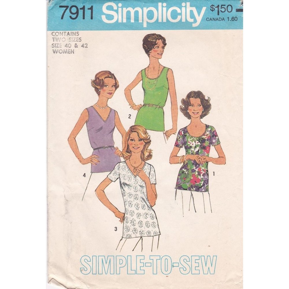 UNCUT Sewing PATTERN Simplicity 7911, Two Sizes 1977 Womens Simple to Sew Tops